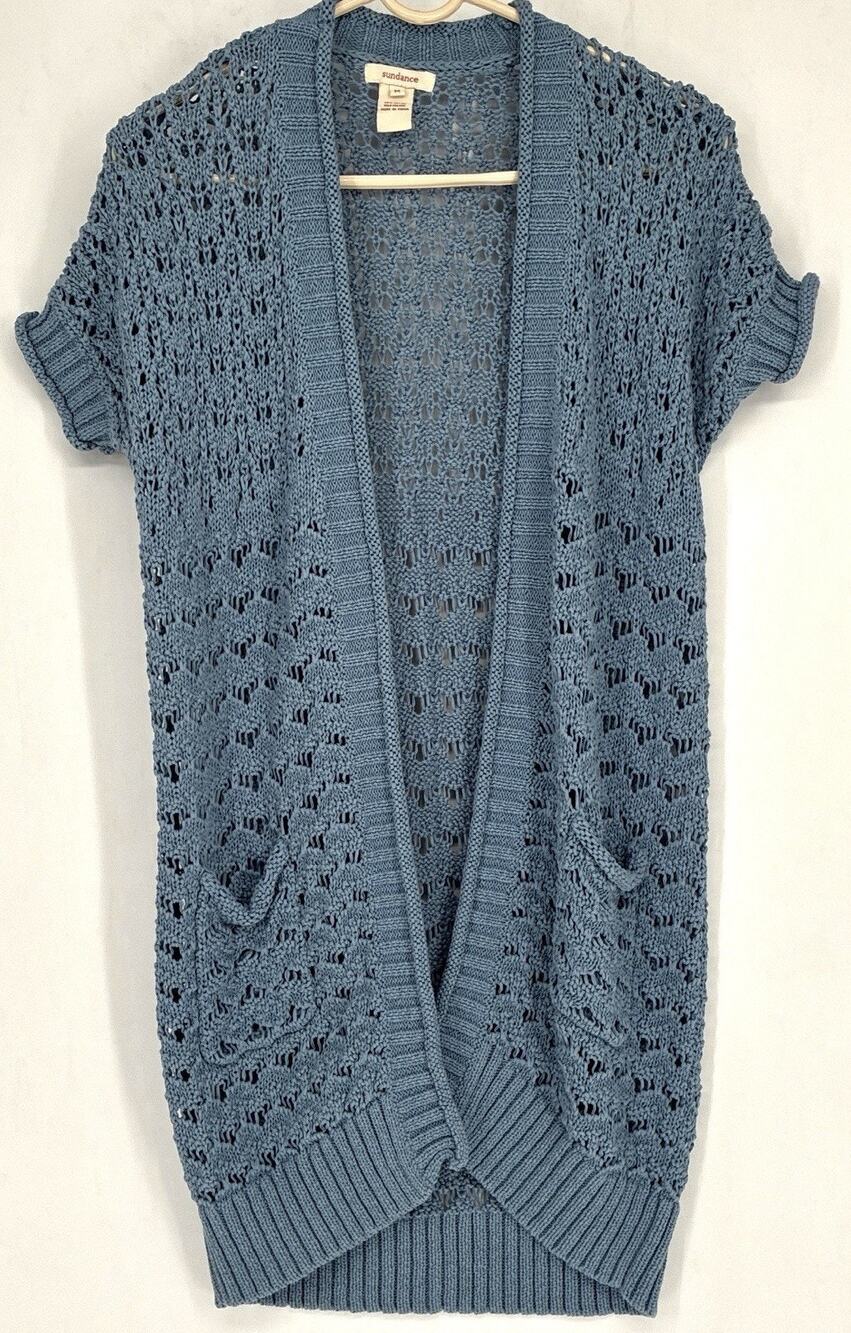 Sundance Blue Crochet Open Cardigan Sweater Duster/Vest Dolman SS Wmn M Artisan